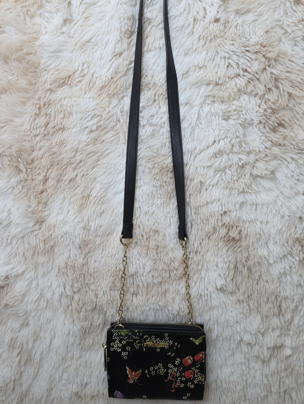 Steve Madden Black Floral Crossbody Bag Gold Chain Convertible Purse Wristlet - Picture 3 of 12